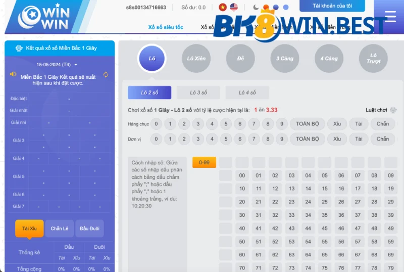 Lô xiên trong xổ số siêu tốc miền Bắc 1 giây BK8